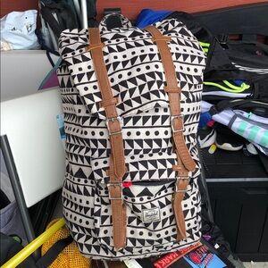 Herschel Supply Company Black & Cream Geometric Canvas Backpack with Tan Straps